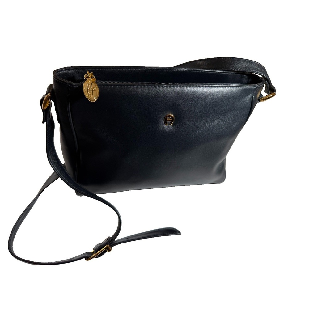 Vintage Etienne Aigner Black Genuine Leather Shoulder Bag Gold Logo 1990s